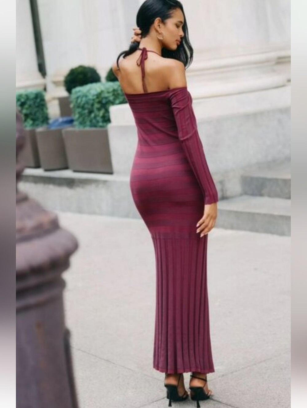 Anthropologie Cold Shoulder Knit Maxi Dress Wine Sweater Dress Pleated Halter - Picture 3 of 16